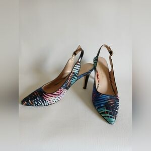 Ann Marino Multi Colored Tropical Print Slingback Heels Sz9.5M Adjustable Strap